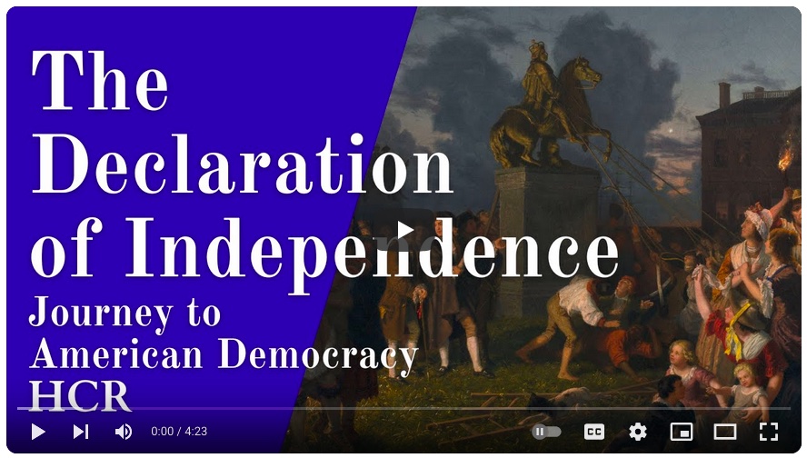The title frame of a YouTube video titled "The Declaration of Independence: Journey to American Democracy" by Heather Cox Richardson.
