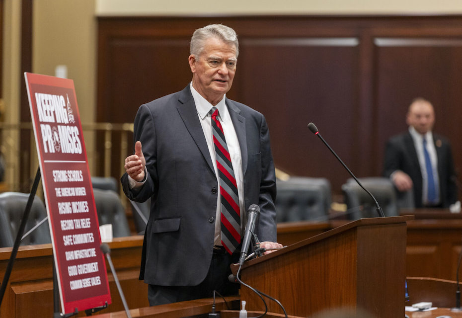 Idaho Gov. Brad Little gives a press conference after delivering his annual State of the State address on Jan. 6, 2025, in the Lincoln Auditorium in the Idaho Capitol. (Pat Sutphin for the Idaho Capital Sun)