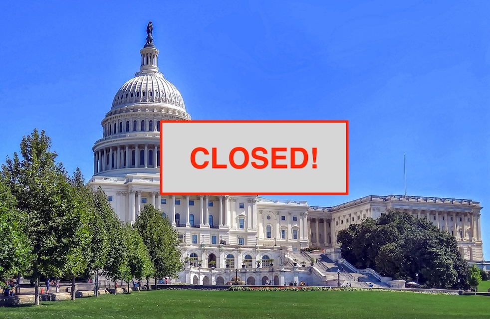 A photo of the US Capitol with the message CLOSED! overlaid on it.