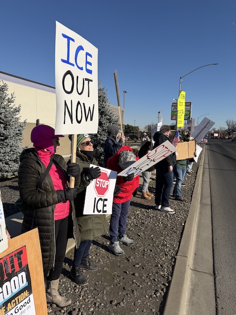 Protesters on Bridge St in Clarkston on January 25, 2026.