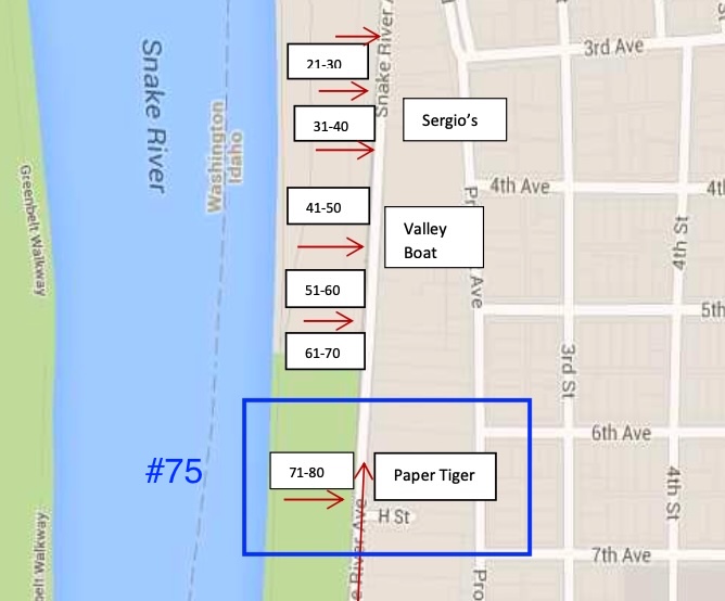 A map showing the dropoff location for the Roundup Rodeo Parade, with spot #75 highlighted.